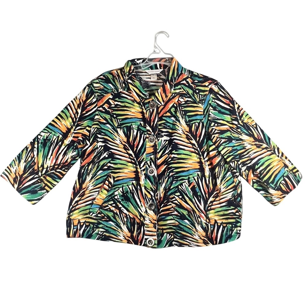 Christopher & Banks Women's L Linen Blend Tropical Leaf Button Jacket Top Blouse